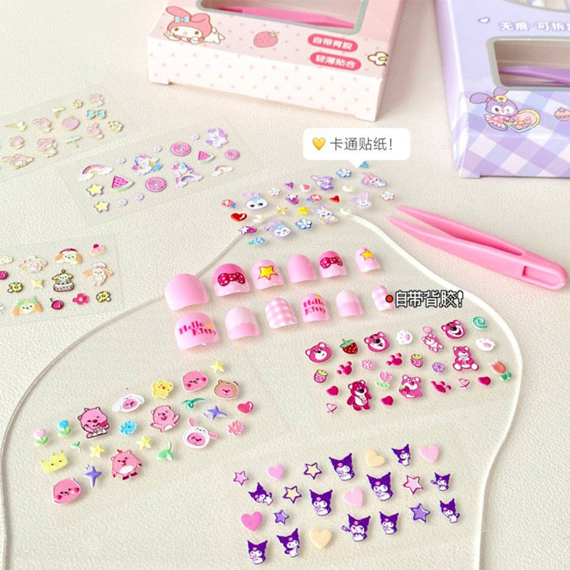 Kids Nail Art Set Embossed Nail Stickers with Adhesive & Tweezer