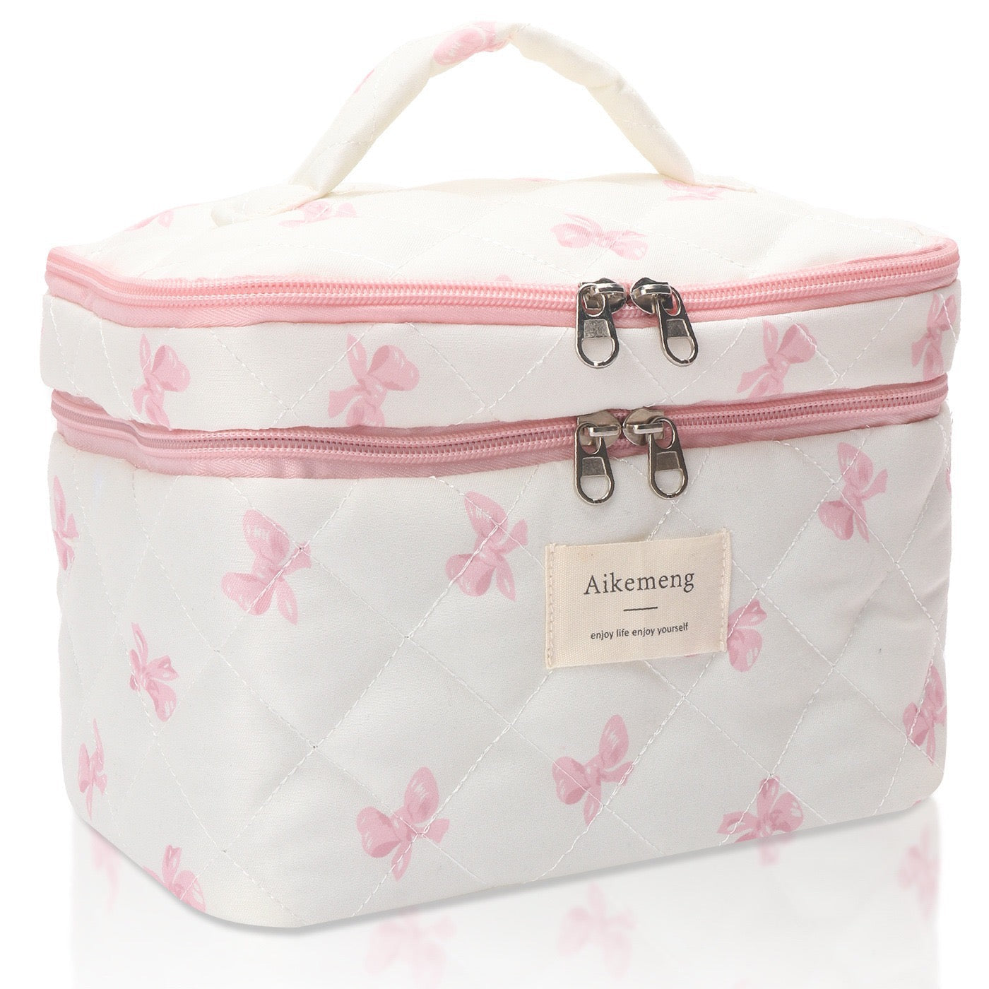 Cute Bow Quilted Cotton Makeup Bag Floral Zipper Cosmetic Organizer for Women & Girls