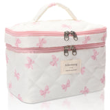 Cute Bow Quilted Cotton Makeup Bag Floral Zipper Cosmetic Organizer for Women & Girls