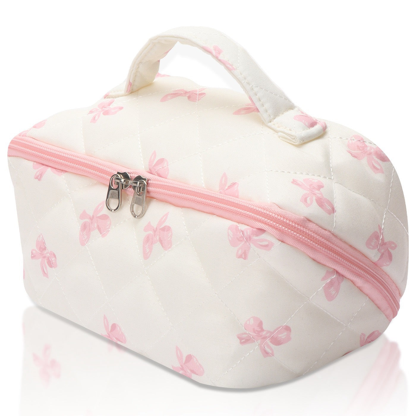 Cute Bow Quilted Cotton Makeup Bag Floral Zipper Cosmetic Organizer for Women & Girls