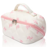 Cute Bow Quilted Cotton Makeup Bag Floral Zipper Cosmetic Organizer for Women & Girls
