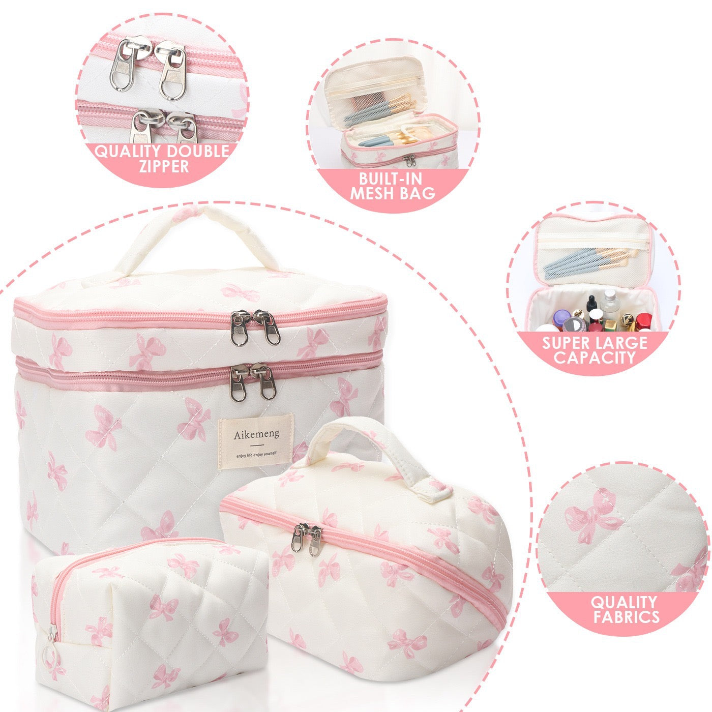 Cute Bow Quilted Cotton Makeup Bag Floral Zipper Cosmetic Organizer for Women & Girls