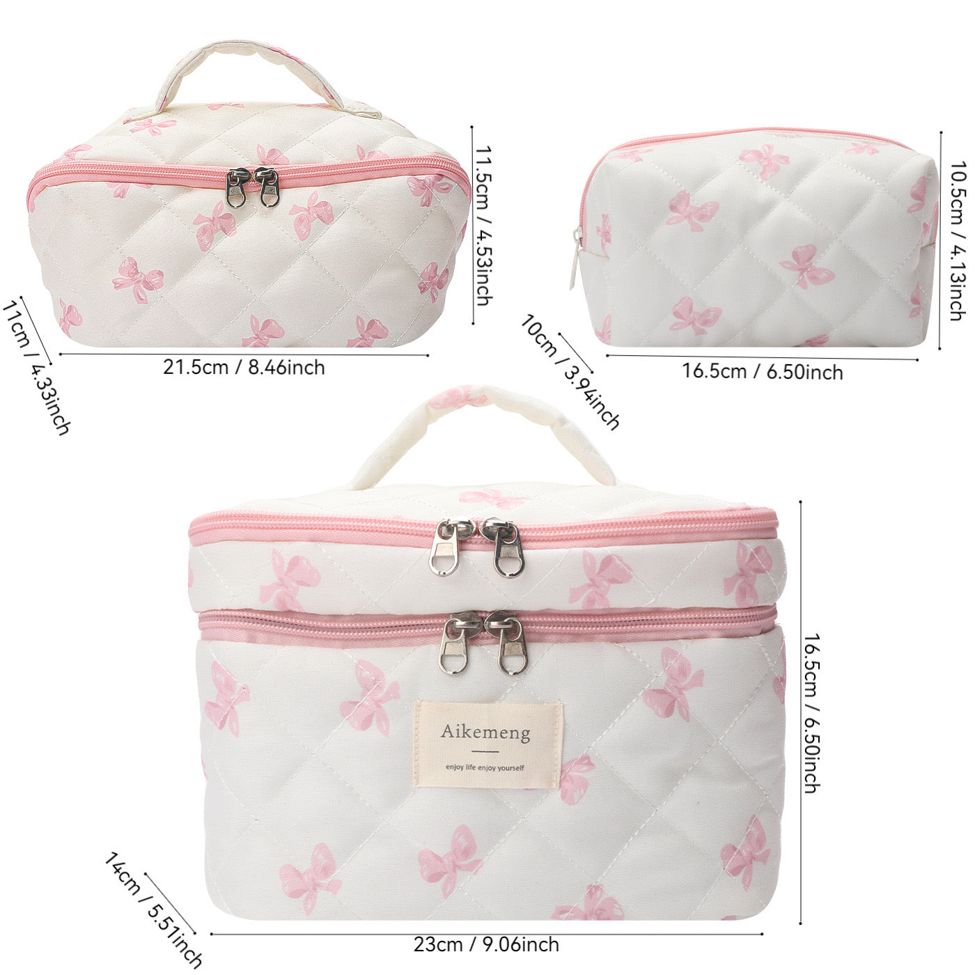 Cute Bow Quilted Cotton Makeup Bag Floral Zipper Cosmetic Organizer for Women & Girls