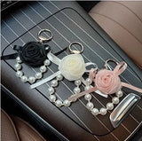 Pearl Rose Keychain Bracelet Elegant Ribbon Flower Charm Bag & Car Key Holder SparkelsSparkels