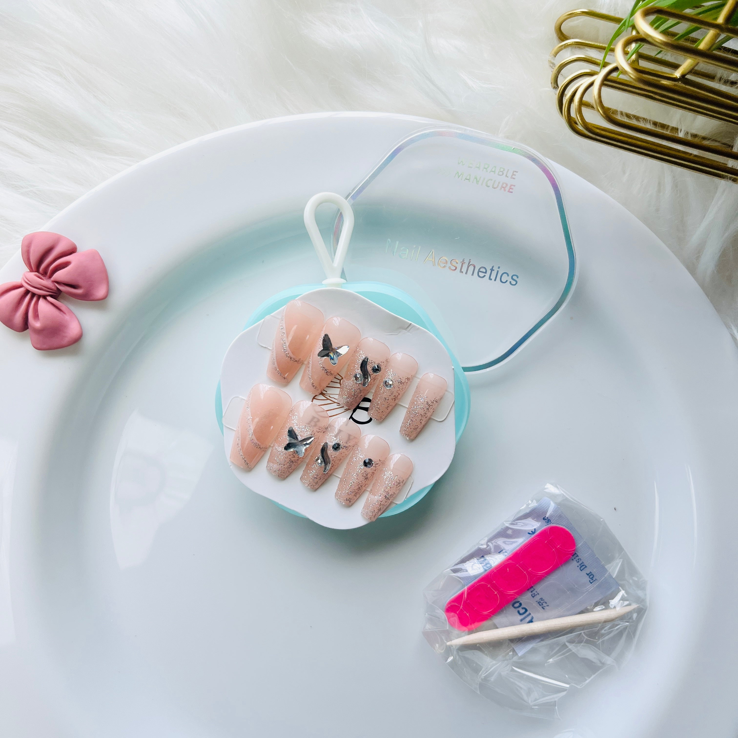 Glossy Ombre French Tip Press On Nails Rhinestone Acrylic Stick On Nails for Women & Girls