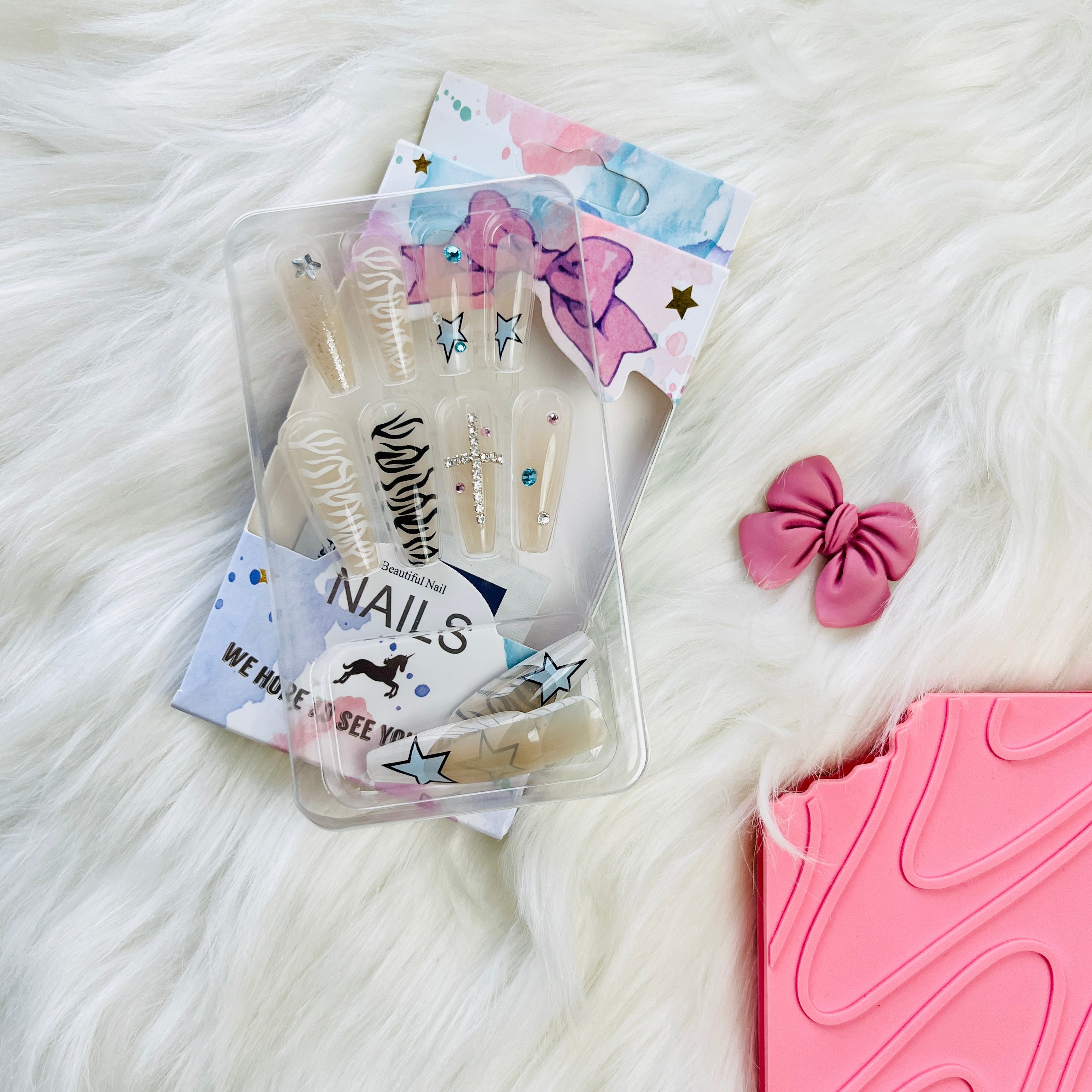 Rhinestone Accent Design Press On Nails Matte Coffin Shape