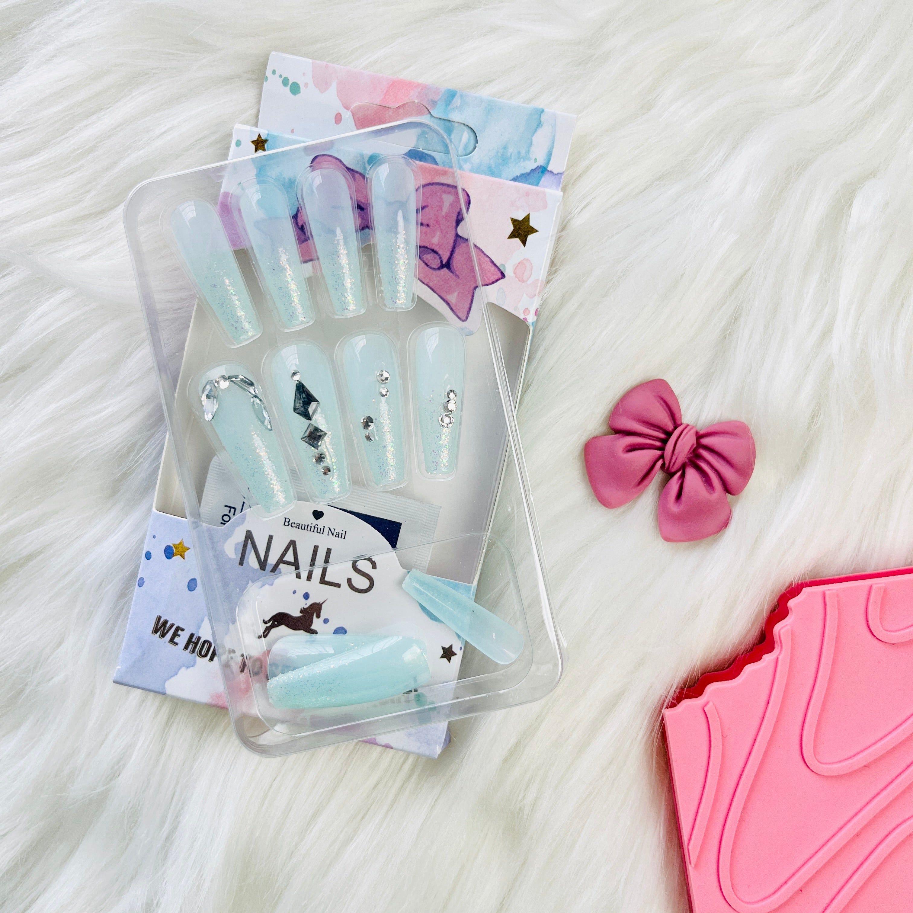 Rhinestone Accent Design Press On Nails Matte Coffin Shape