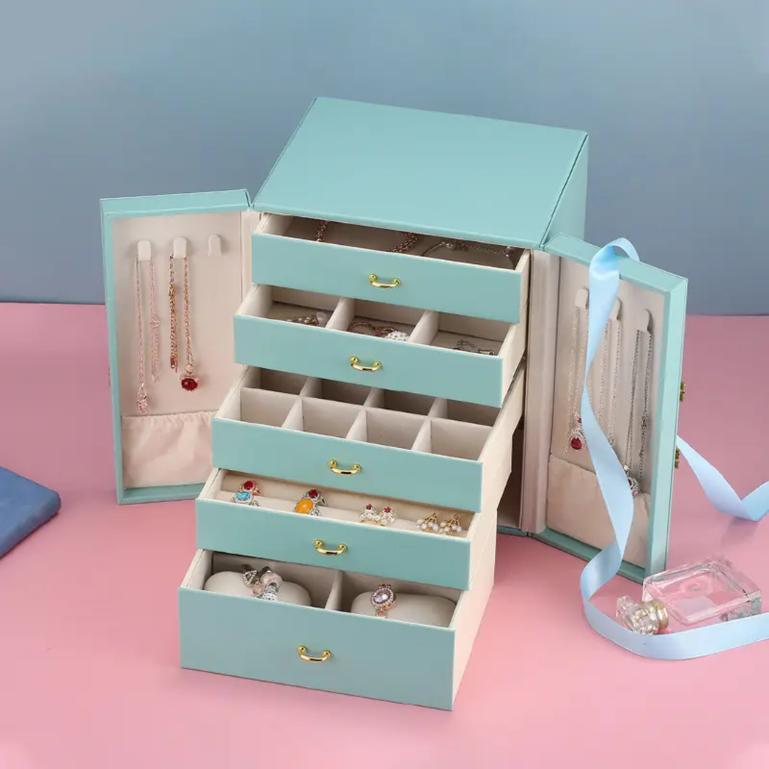 Luxury Large Capacity Jewelry Gift Box with Door & Drawer Portable Organizer Case