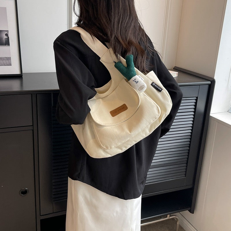 Trendy Cotton Canvas Shoulder Tote Bag Large Capacity Chest Bag for Students & Daily Use