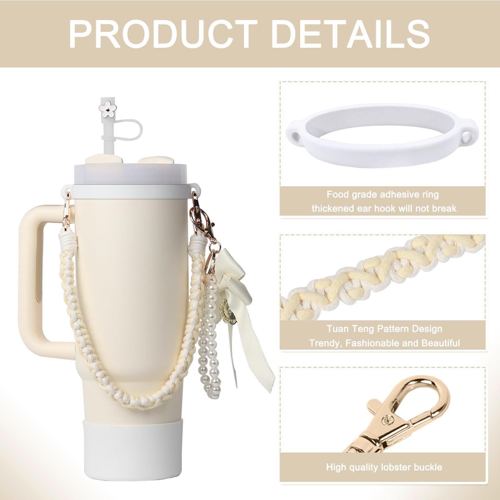 Stanley Cup Accessories Set Flower Straw Cap Butterfly Knot Pearl Chain Keychain Silicone Handle & Hanging Rope Aesthetic Cup Cover Kit