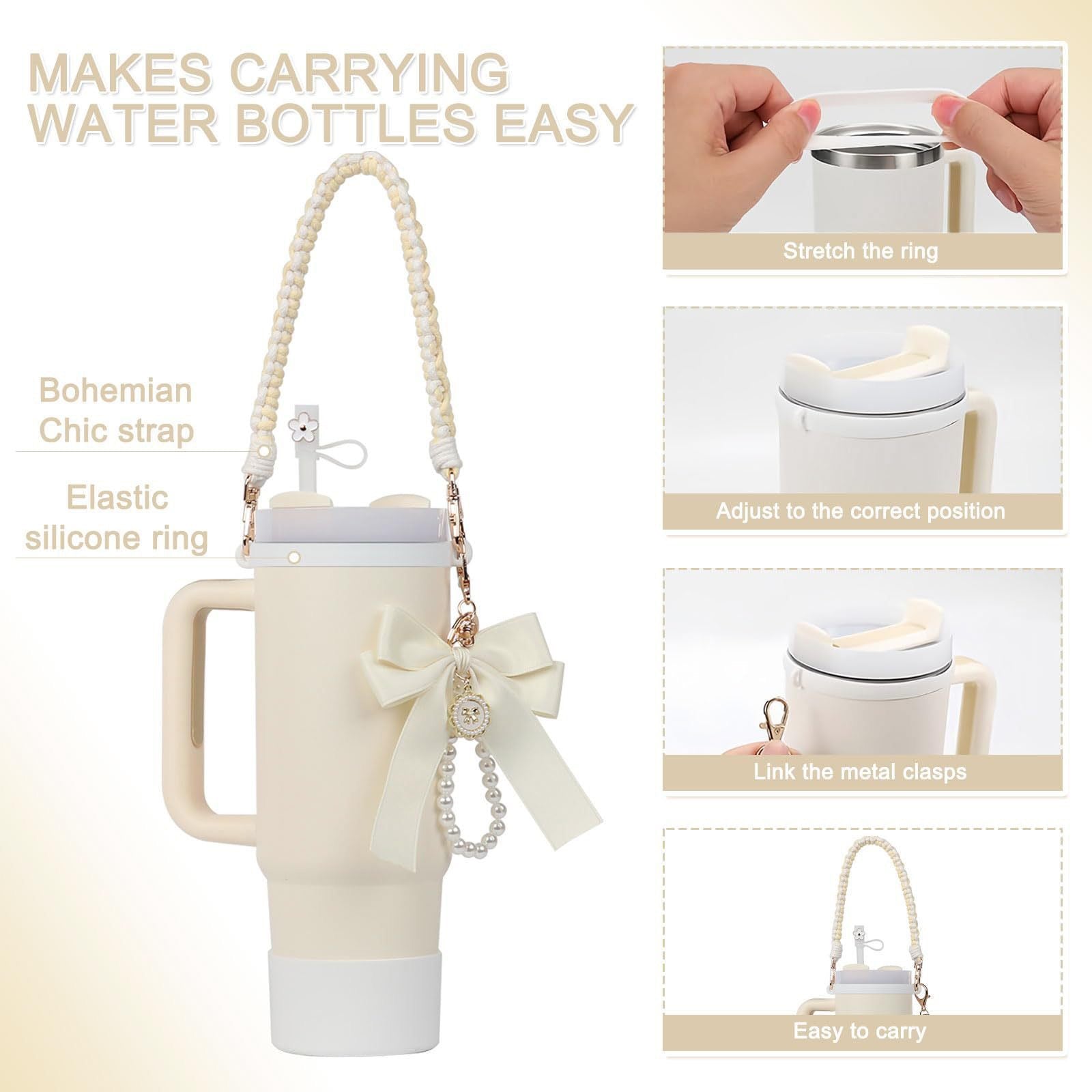 Stanley Cup Accessories Set Flower Straw Cap Butterfly Knot Pearl Chain Keychain Silicone Handle & Hanging Rope Aesthetic Cup Cover Kit