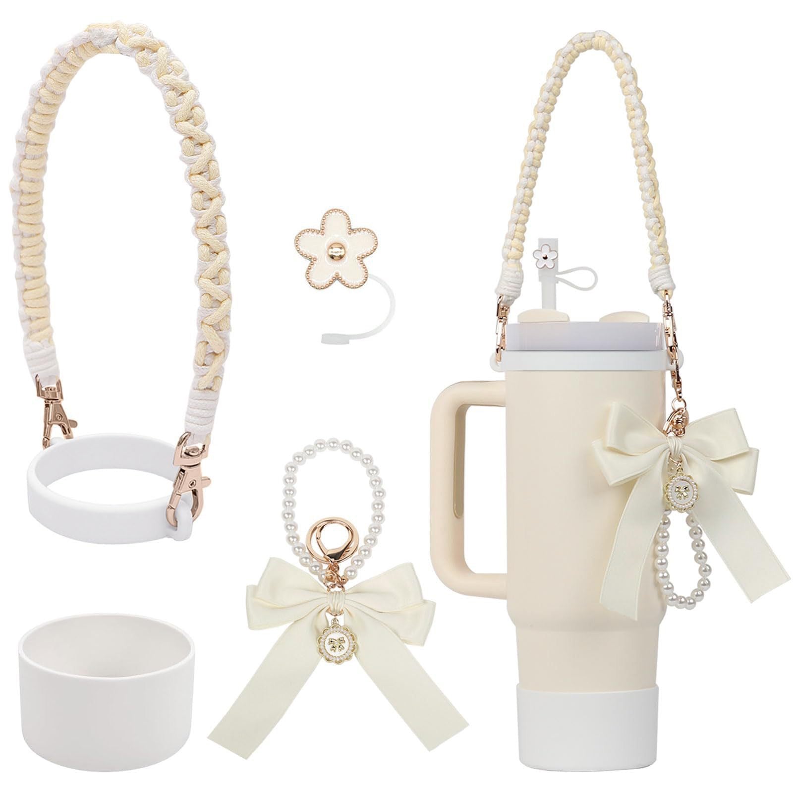 Stanley Cup Accessories Set Flower Straw Cap Butterfly Knot Pearl Chain Keychain Silicone Handle & Hanging Rope Aesthetic Cup Cover Kit
