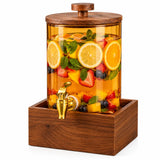 Luxury Glass Beverage Dispenser with Wooden Lid, Gold Tap & Wooden Stand 3.6L