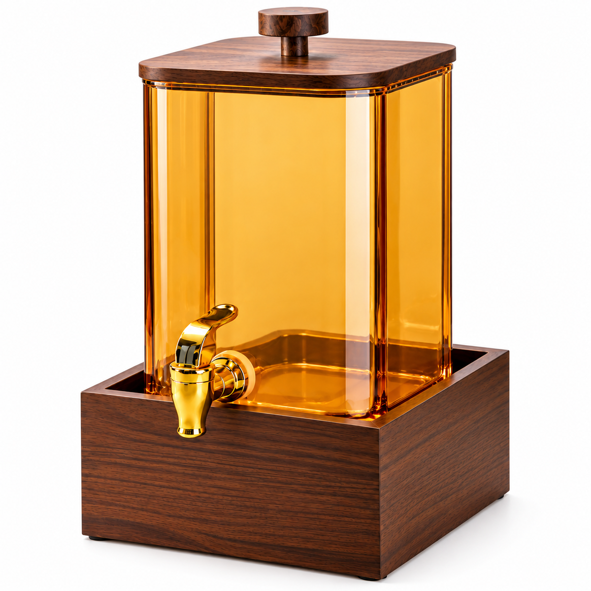 Luxury Glass Beverage Dispenser with Wooden Lid, Gold Tap & Wooden Stand 4.2L