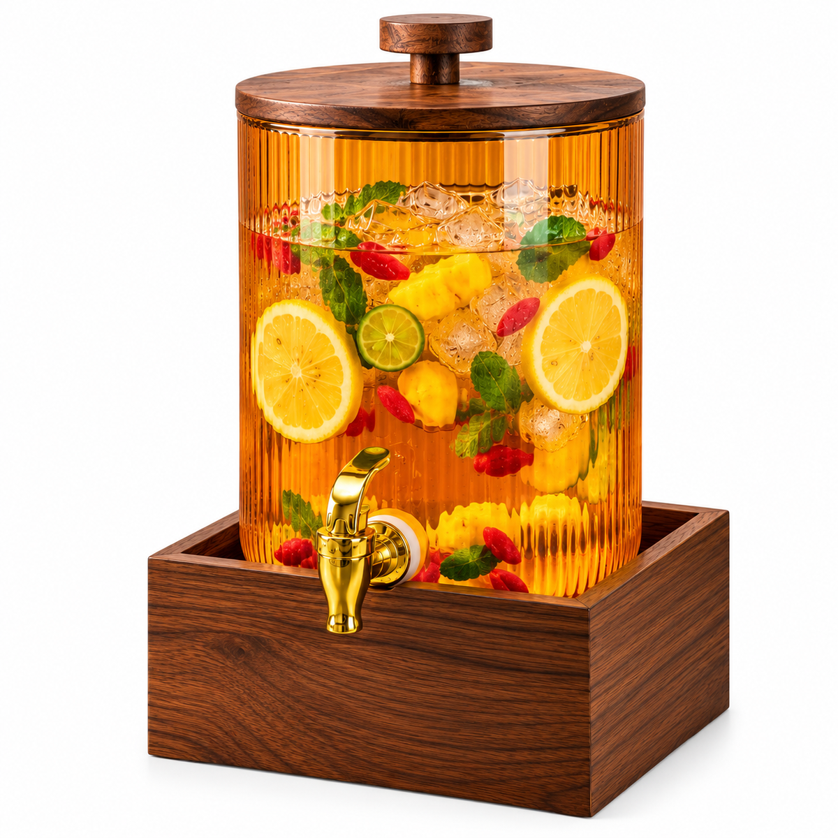 Luxury Ribbed Glass Beverage Dispenser with Wooden Lid, Gold Tap & Wooden Stand 3.6L