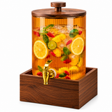 Luxury Ribbed Glass Beverage Dispenser with Wooden Lid, Gold Tap & Wooden Stand 3.6L