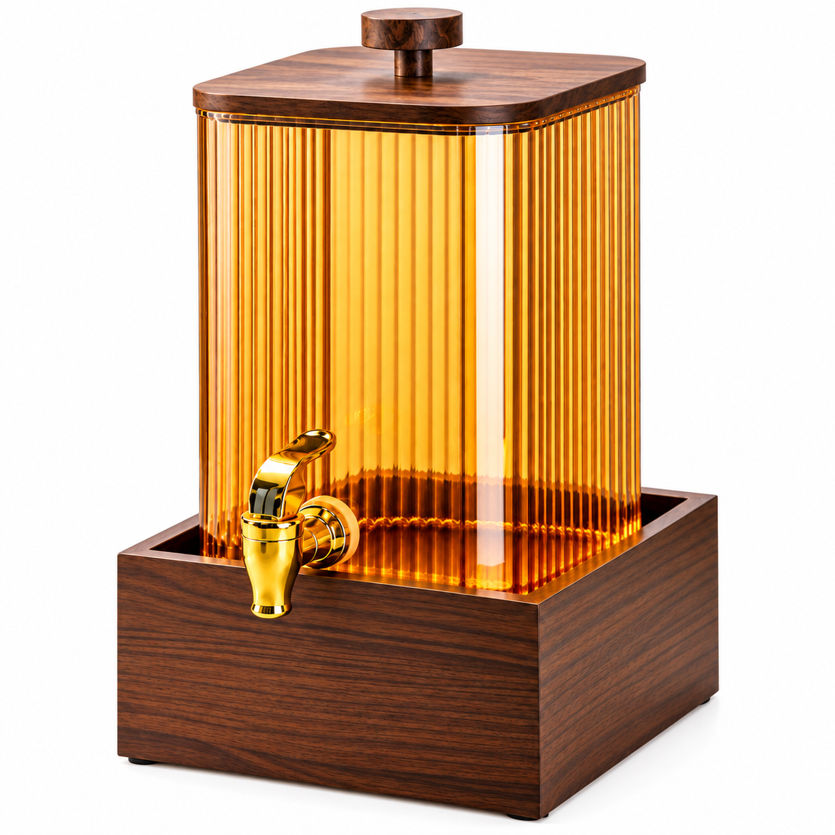 Luxury Ribbed Glass Beverage Dispenser with Wooden Lid, Gold Tap & Wooden Stand 4.2L