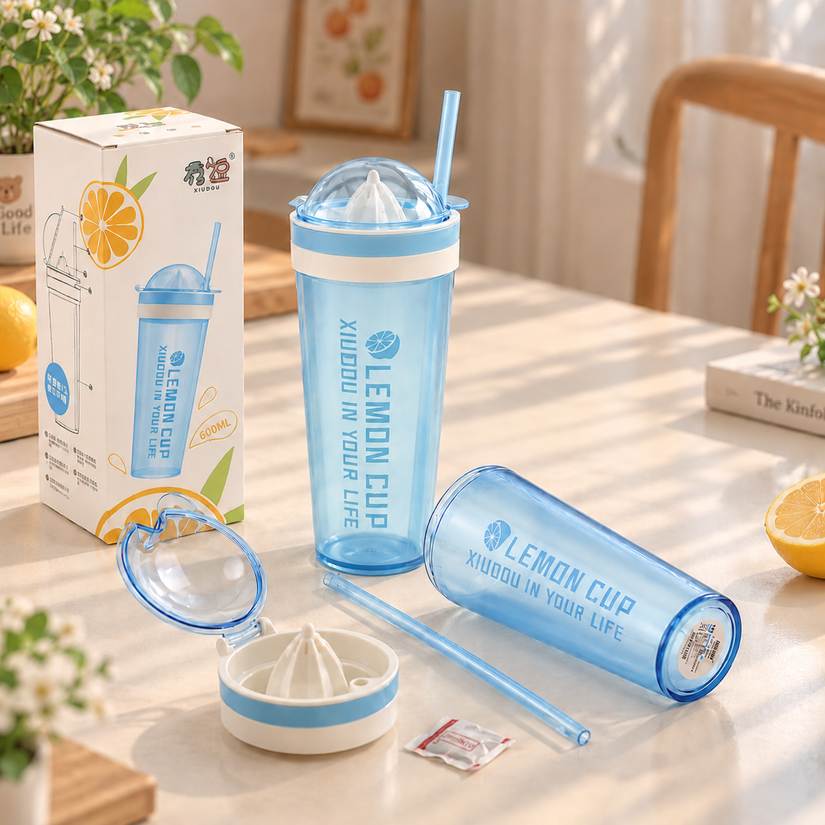 600ml Lemon Cup with Built In Citrus Juicer & Straw