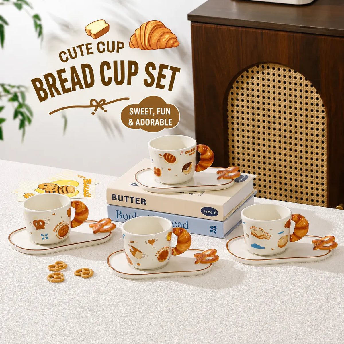 Cute Bread Ceramic Mug & Snack Plate Set Croissant Handle Coffee Cup