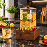 Luxury Glass Beverage Dispenser with Wooden Lid, Gold Tap & Wooden Stand 3.6L