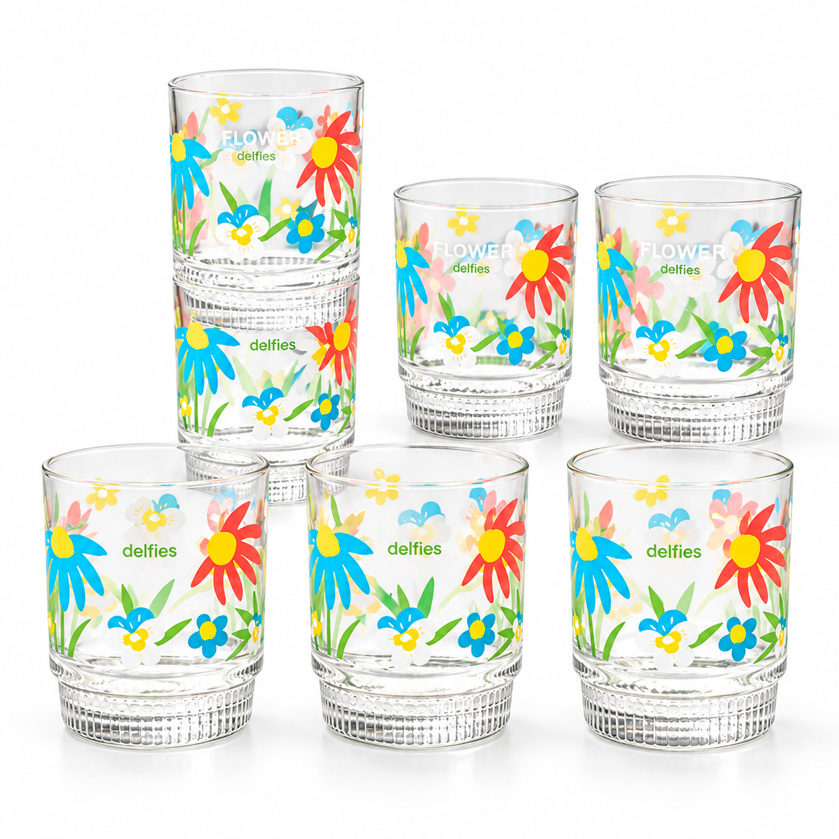 Pack Of 6 Colorful Floral Printed Glass
