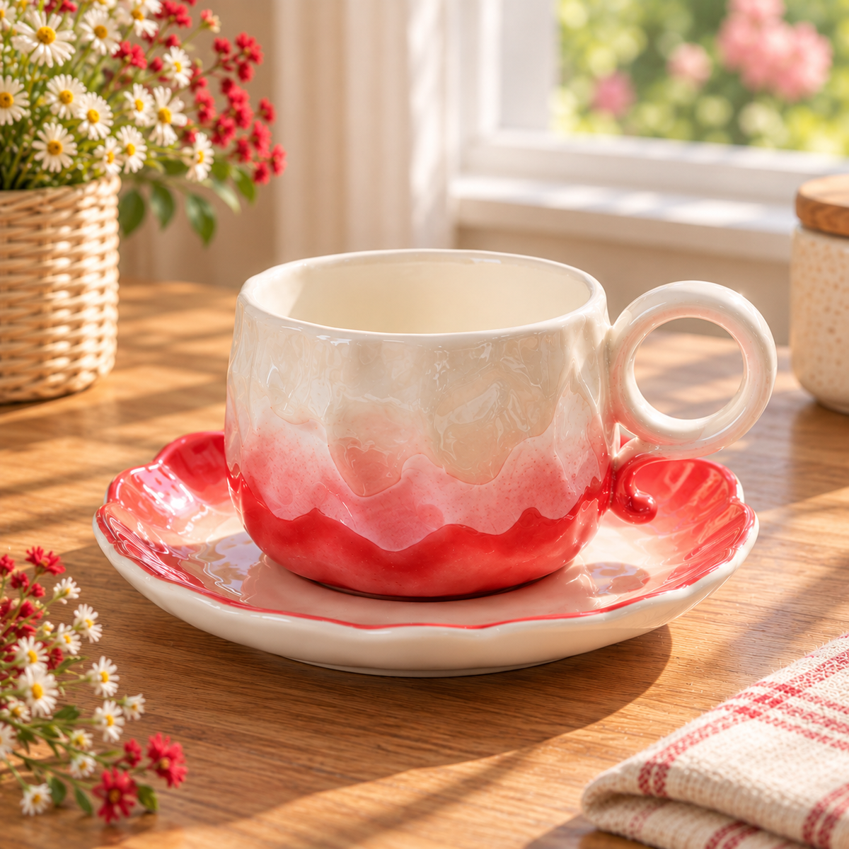 Pastel Ombre Ceramic Tea Cup with Flower Saucer Elegant Coffee Cup Set