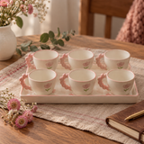Mini Pink Floral Ceramic Tea Cup Set with Serving Tray 90ml (Set of 6)