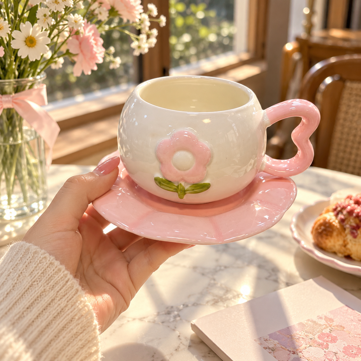 Cute Pink Flower Ceramic Tea Cup & Saucer Set with Heart Handle