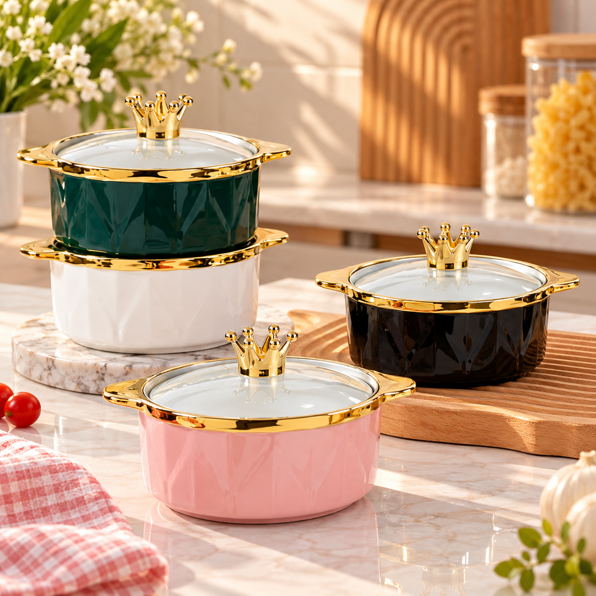 Luxury Crown Ceramic Serving Bowl with Lid