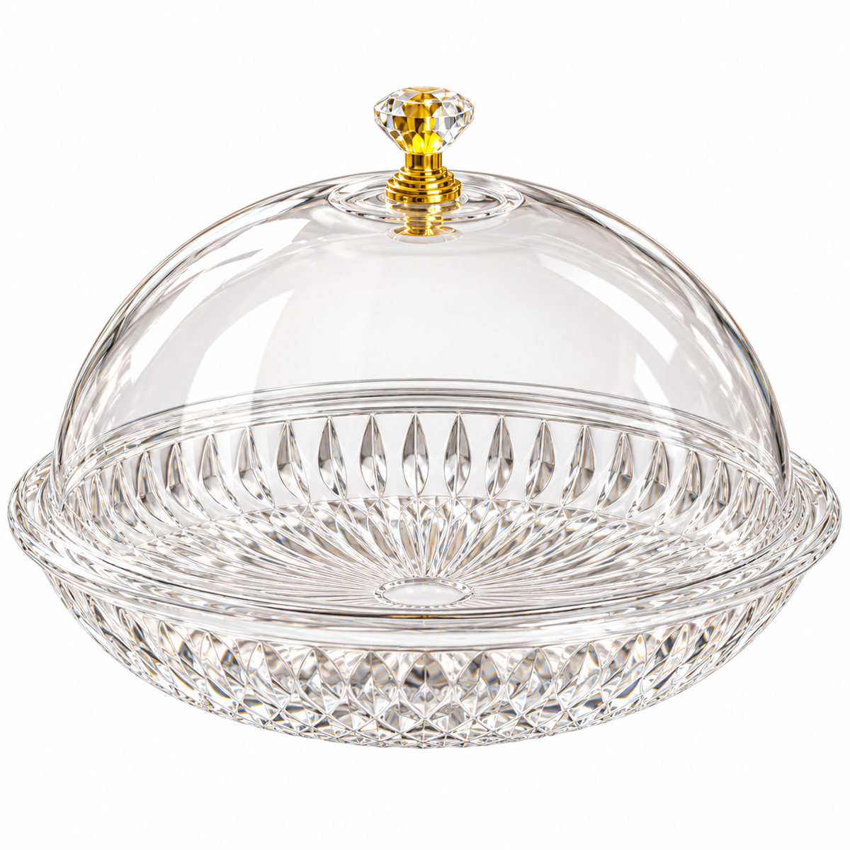 Medium Luxury Crystal Cut Glass Cake Stand with Dome Lid & Gold Knob