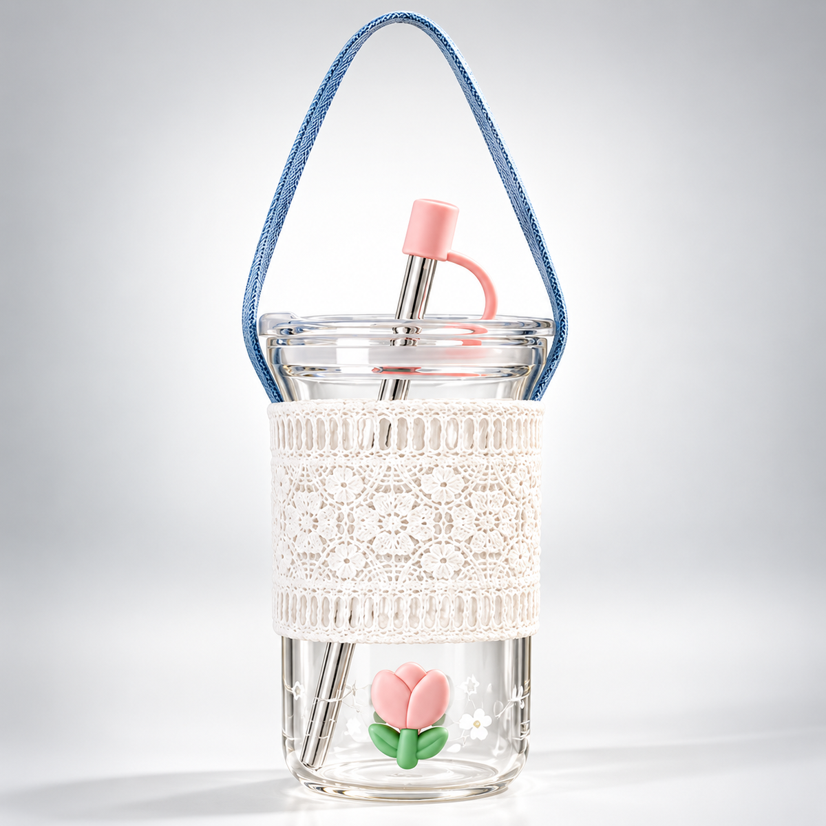 Pastel Tulip Glass Tumbler with Straw & Lace Sleeve