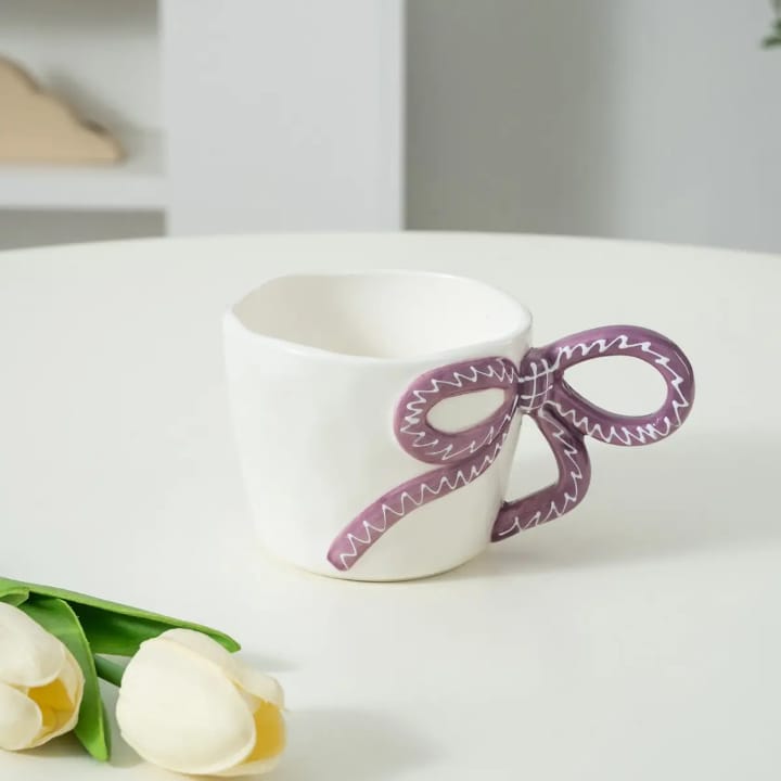 Cute 3D Bow Handle Ribbon Charm Ceramic Mug