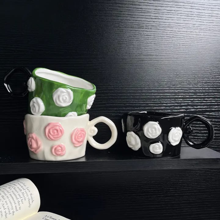Sculpted Floral Rose Bloom Embossed Ceramic Mug