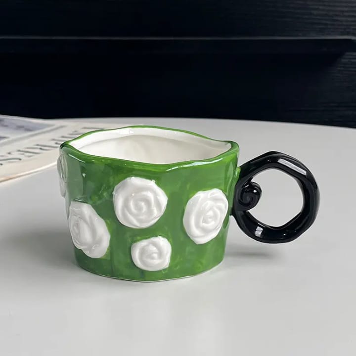 Sculpted Floral Rose Bloom Embossed Ceramic Mug