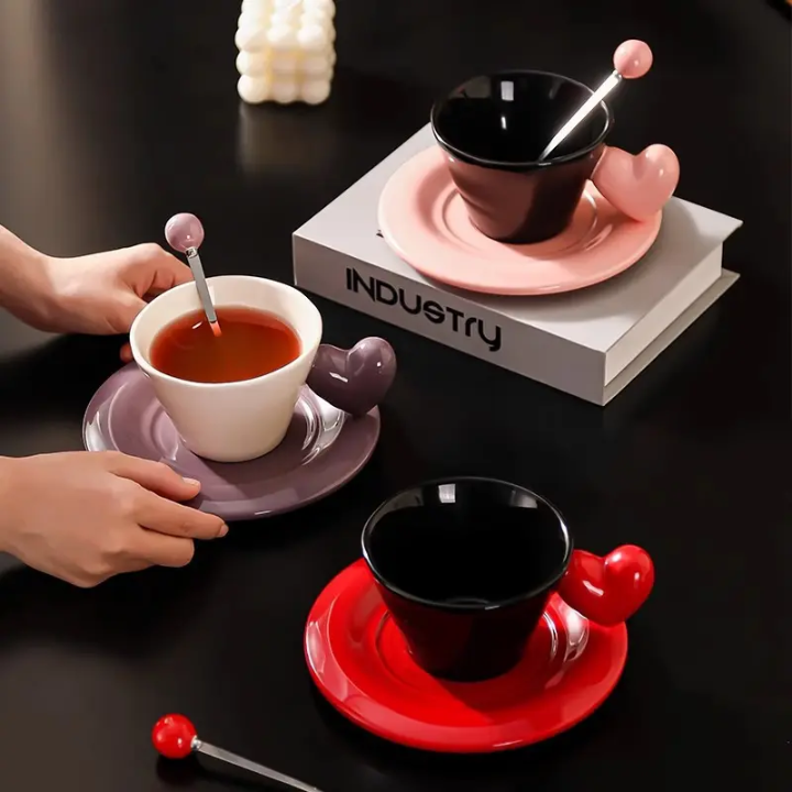 Elegant Heart Handle Ceramic Cup & Saucer Set Without Spoon