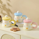 Cute Pastel Polka Dot Ceramic Mug with Lid