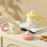 Cute Pastel Polka Dot Ceramic Mug with Lid