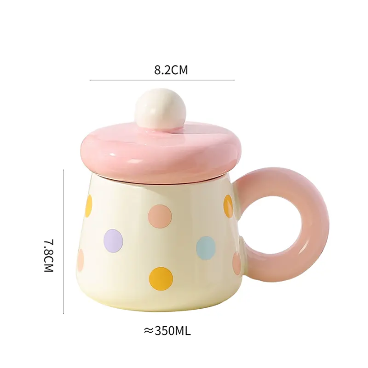 Cute Pastel Polka Dot Ceramic Mug with Lid