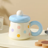 Cute Pastel Polka Dot Ceramic Mug with Lid
