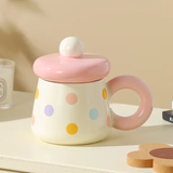 Cute Pastel Polka Dot Ceramic Mug with Lid