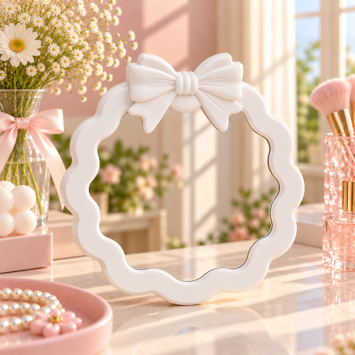 Cute Wavy Round Vanity Mirror with 3D Bow