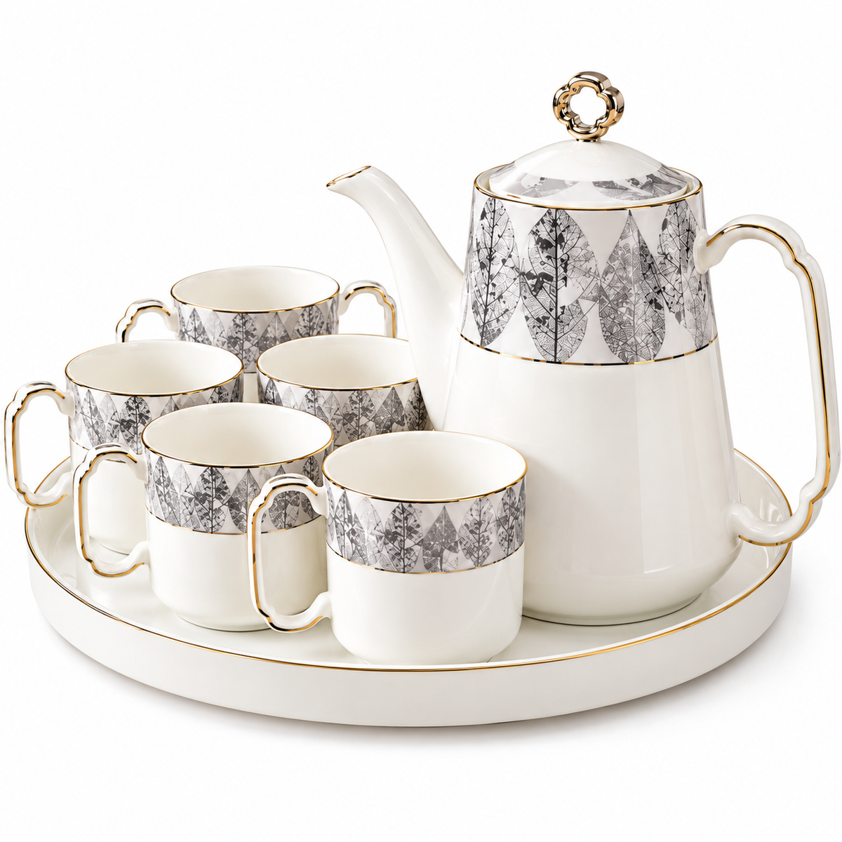 Luxury White & Silver Leaf Design Ceramic Tea Set with Cups & Serving Tray