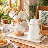Luxury White Ribbed Ceramic Tea Set with Gold Accents, Wooden Cup Stand & Serving Tray 9 Pieces