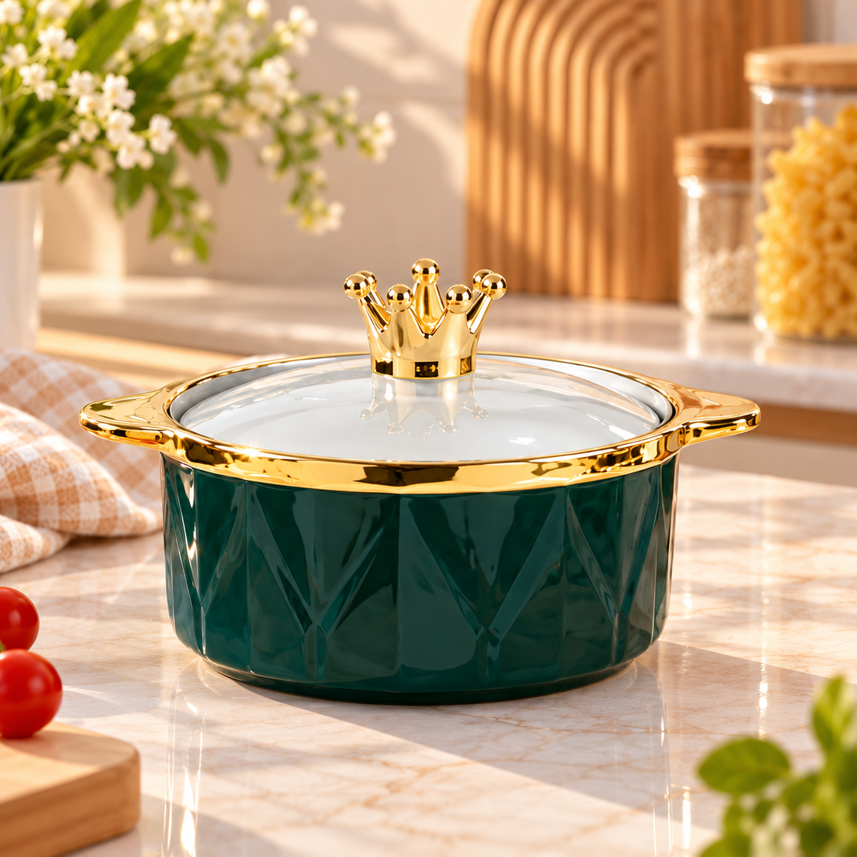 Luxury Crown Ceramic Serving Bowl with Lid