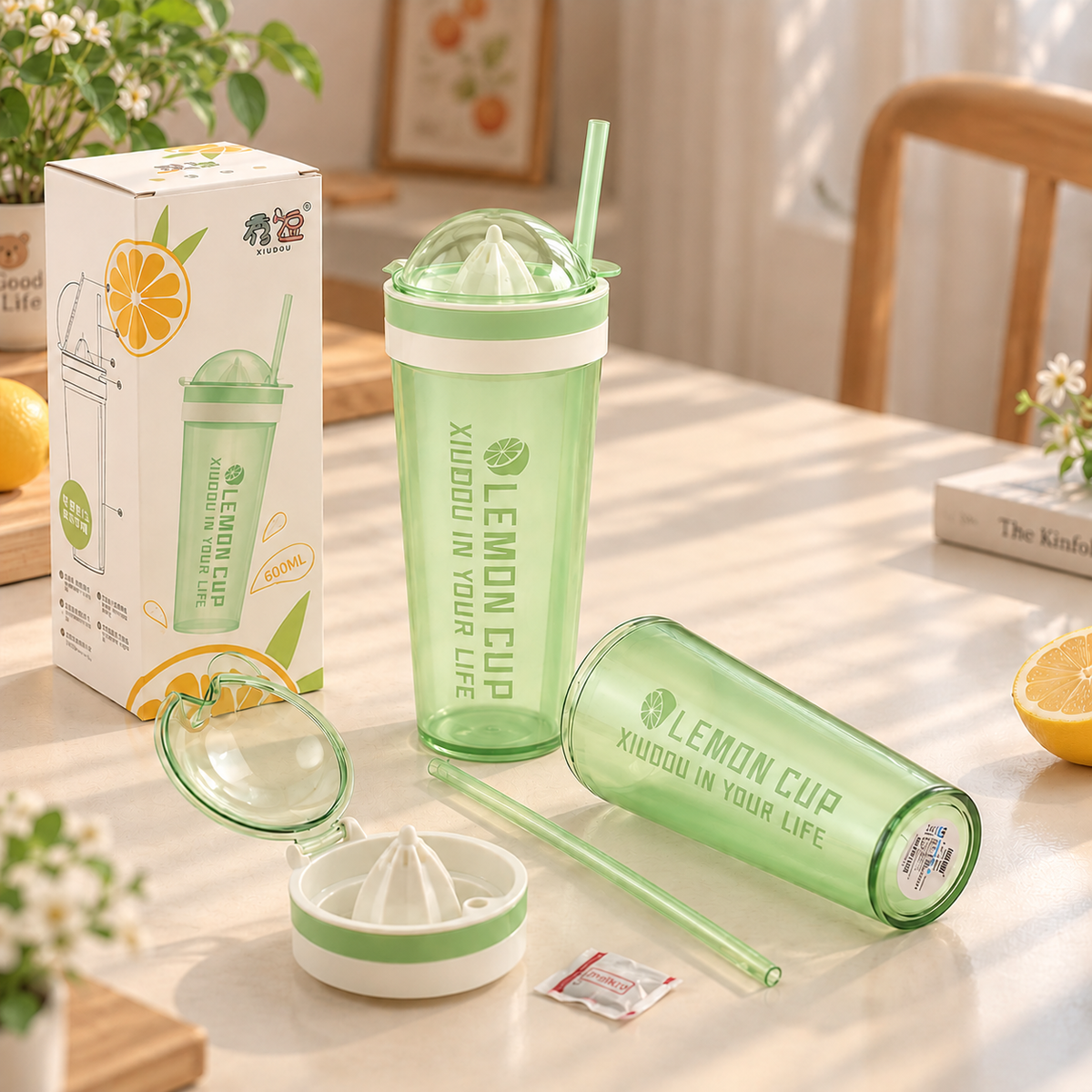 600ml Lemon Cup with Built In Citrus Juicer & Straw