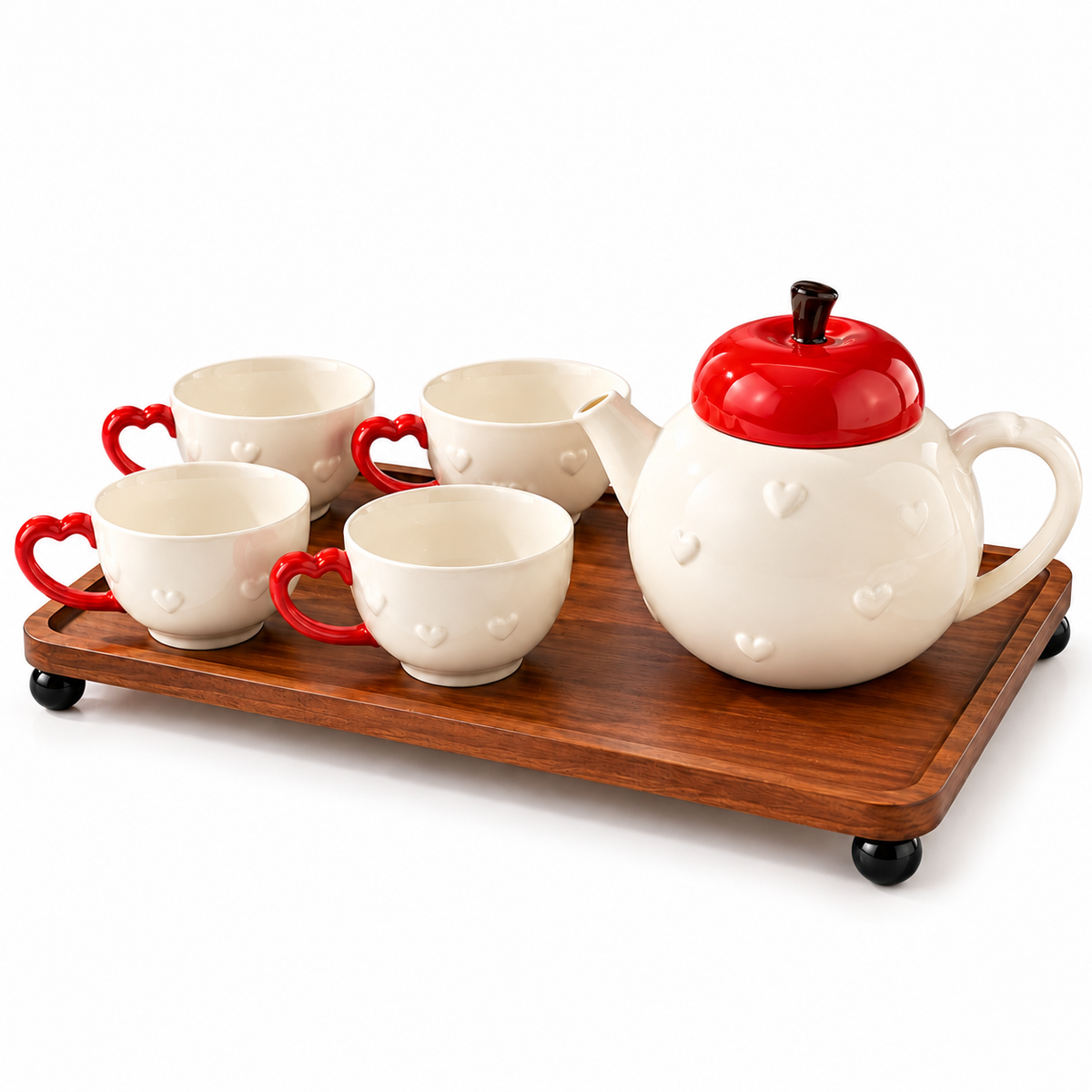 Luxury Apple Design Ceramic Tea Set with Heart Handle Cups & Wooden Serving Tray 6 Pieces Set