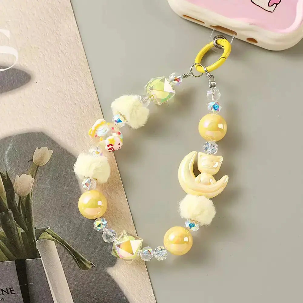 Kawaii Moon Cat Fluffy Beaded Phone Wrist Strap SparkelsSparkels
