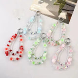 Double-Layer Crystal Bead Phone Charm Wristlet Aesthetic Beaded Lanyard Strap with Flower Accents