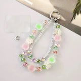 Double-Layer Crystal Bead Phone Charm Wristlet Aesthetic Beaded Lanyard Strap with Flower Accents