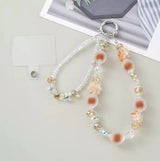 Double-Layer Crystal Bead Phone Charm Wristlet Aesthetic Beaded Lanyard Strap with Flower Accents